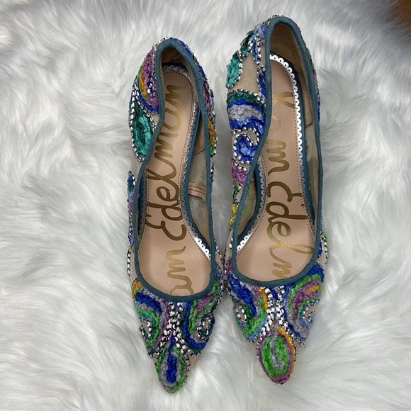 Sam Edelman Hazel Blue Embroidered Point Toe Pumps 7.5 - Picture 2 of 6
